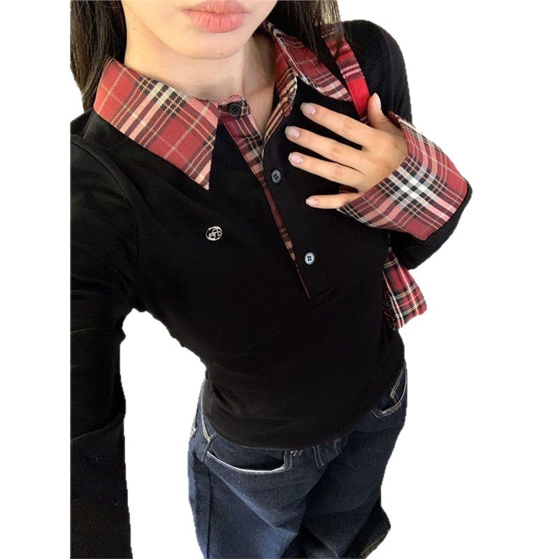 美式复古格子假两件正肩长袖t恤女修身polo领打底衫独特小上衣秋|undefined
