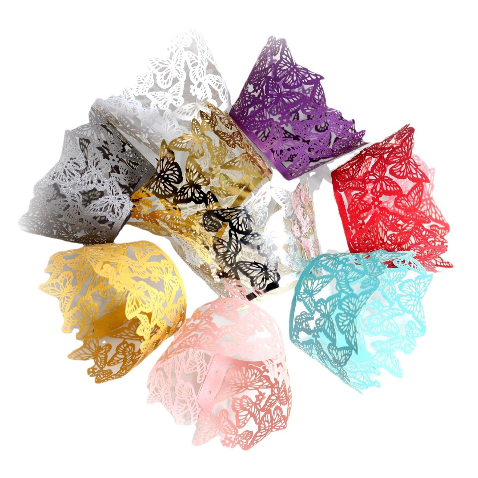 Amazon láser hueco mariposa taza de papel reflectante de oro pastel borde taza pastel hornear encaje en stock