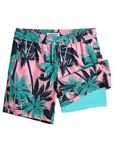Men's Double-Layered Beach Shorts, Quick-Drying Printed Swim Trunks, Seaside Vacation Sports 2-in-1 Shorts, Cross-Border Wholesale