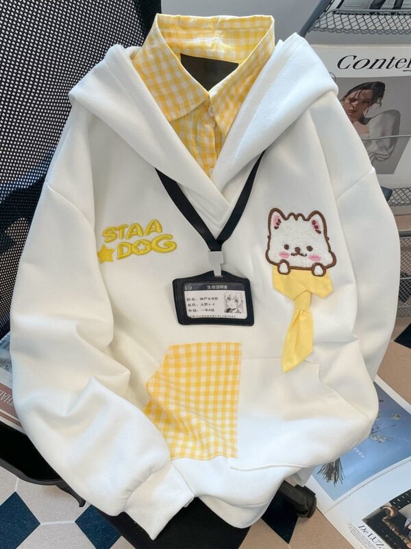 Korean-style ins college-style cute cat embroidered fake two-piece hooded sweatshirt, unisex, loose and versatile, couple's jacket Korean-style ins college-style cute cat embroidered fake two-piece hooded sweatshirt, unisex, loose and versatile, couple's jacket
