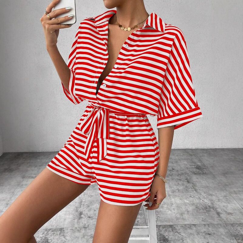 2026 Summer New Jumpsuit European and American Foreign Trade Cross-Border Striped Lapel Cardigan Button Belt Jumpsuit 2026 Summer New Jumpsuit European and American Foreign Trade Cross-Border Striped Lapel Cardigan Button Belt Jumpsuit