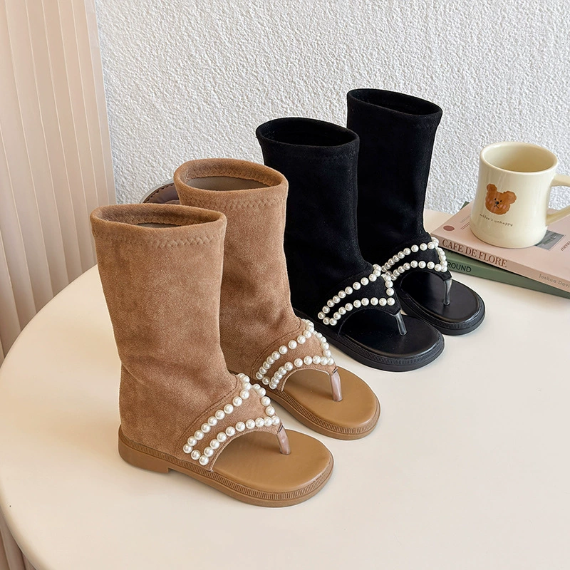 Женский средний мальчик модный жемчуг высокая римская обувь 2025 новая летняя девушка