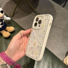 画面いっぱいに漫画の動物が描かれた透明なケース、Apple 17 Pro Max、16、15、13対応、両面にキラキラ輝くラインストーン付き。