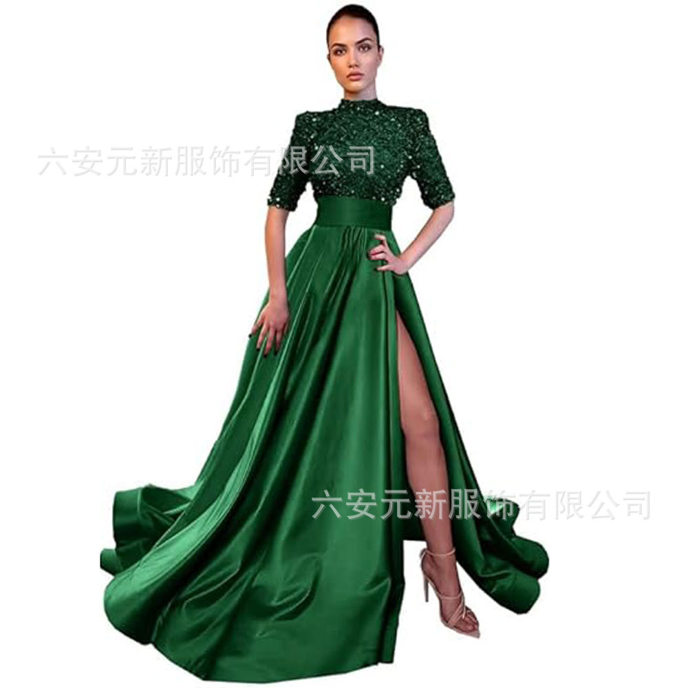 Europeo y americano Amazon AliExpress vestido de fiesta media manga lentejuelas satén vestido de noche A-line vestido de fiesta de hendidura image 16