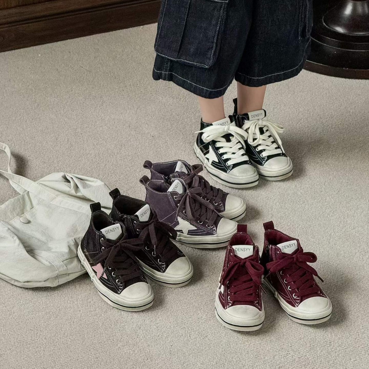 Unisex children's dirty-look leather high-top canvas shoes, 2026 spring/autumn new style, Korean-style star-patterned sneakers