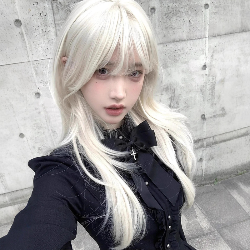 Wig for Women with Layered Bangs, Long Straight Hair, Milky White Lolita Girl Artificial Hair, Natural Full Headgear Wig for Women with Layered Bangs, Long Straight Hair, Milky White Lolita Girl Artificial Hair, Natural Full Headgear