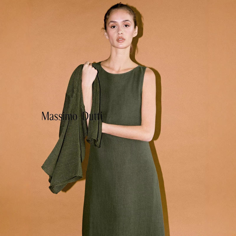 Spring New Style Massimo Dutti2026 Women's Simple Linen Solid Color Sleeveless Mid-Length Dress