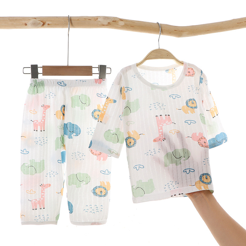 Conjunto de pijama para uso doméstico, ropa de algodón puro para aire acondicionado para niños y niñas, ropa de verano fina de manga corta para bebés y niños pequeños.