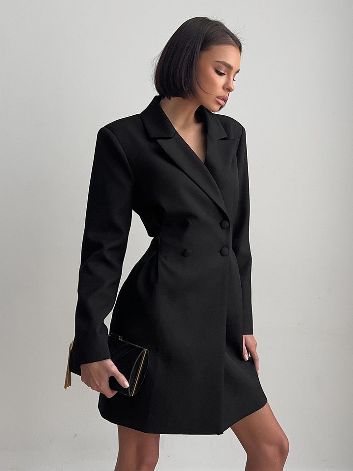 Đầm blazer nữ dáng chữ A cổ chữ V dài tay thắt eo cạp cao — Màu trắng, Màu đen chi tiết 17