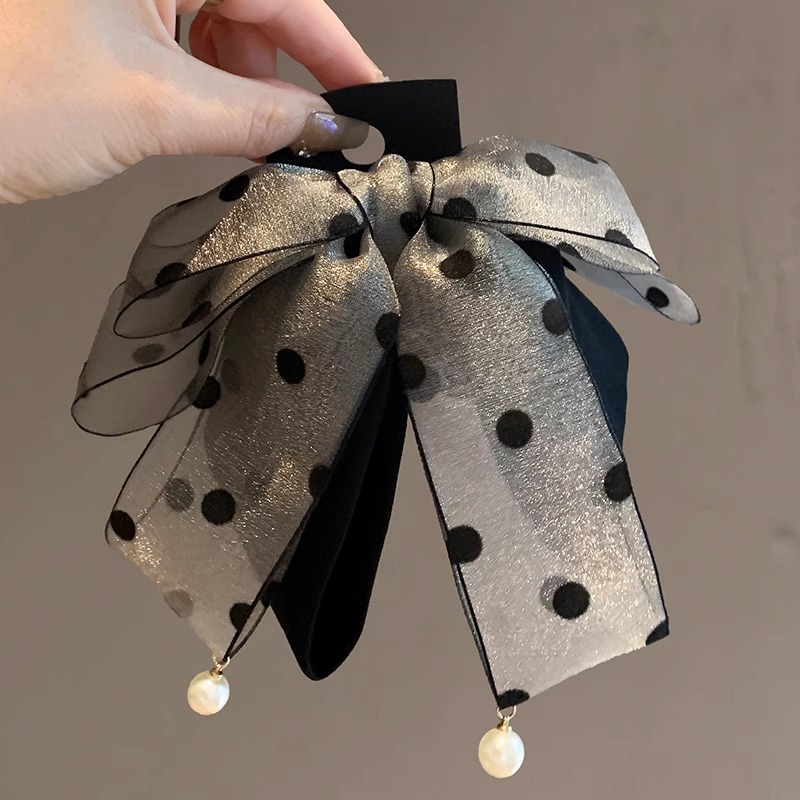 Korean Style Satin Snow Gauze Polka Dot Bow Clip Retro Pearl Pendant Elegant Shark Clip Hairpin for Women on the Back of the Head