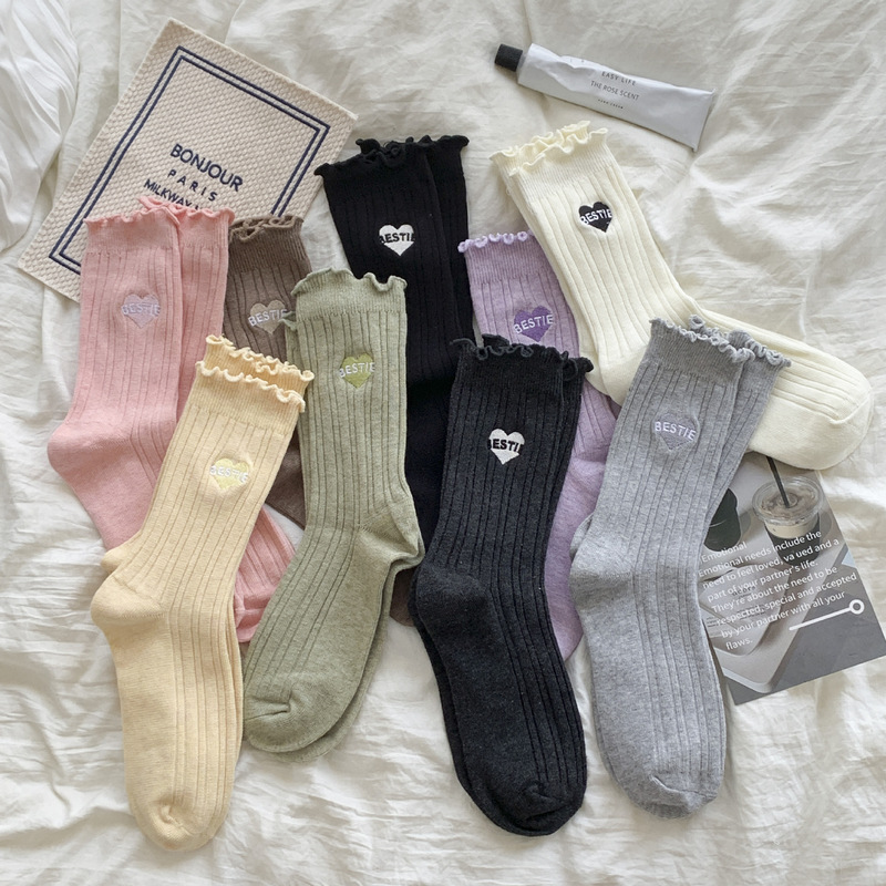 Socks Women's Autumn and Winter Embroidered Love Mid-length Socks Spring and Autumn Wood-ear Stacked Socks Candy Color Lace Socks