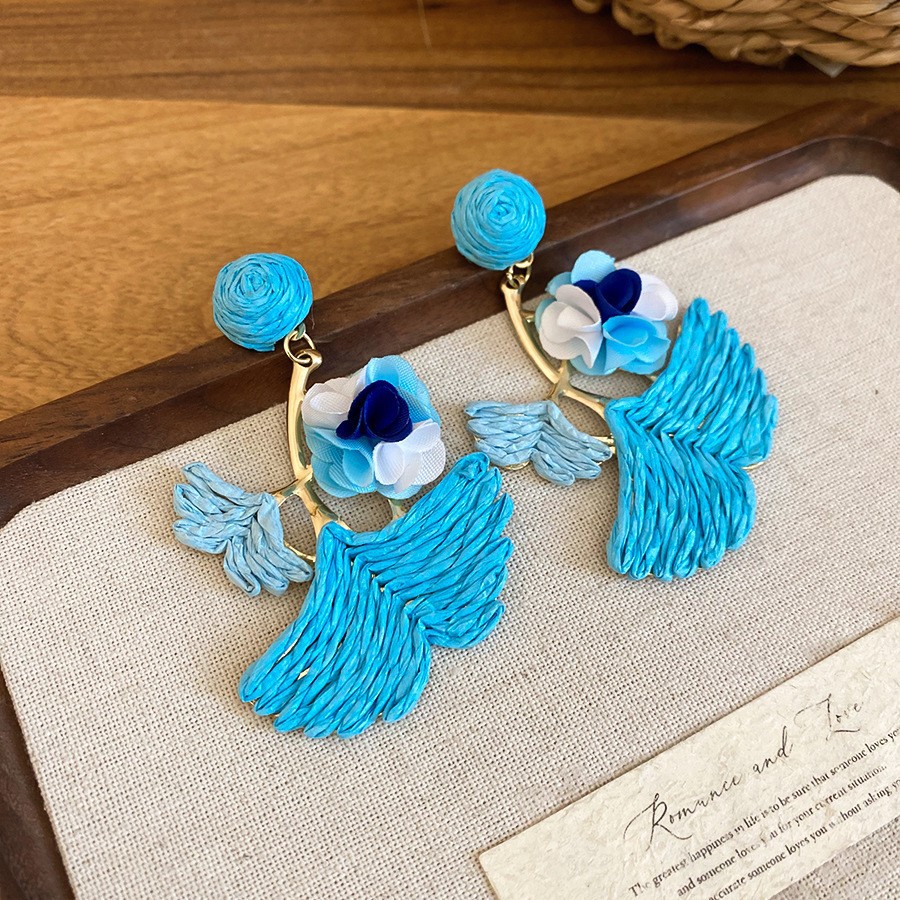 Pendientes de borla de cuentas de arroz de flor de gasa de aguja de plata Pendientes de todo fósforo de estilo de vacaciones Pendientes frescos y dulces para mujer