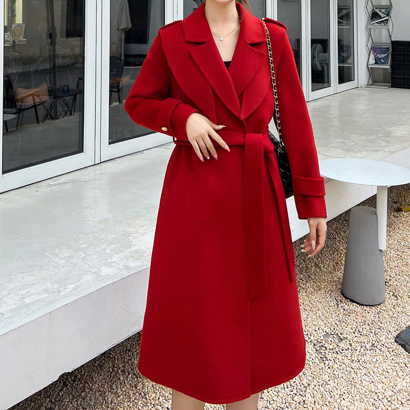 Classic High-End Lace-Up Woolen Coat 2025 Spring & Fall New Style Extended Elegant Casual Outwear Woolen Coat