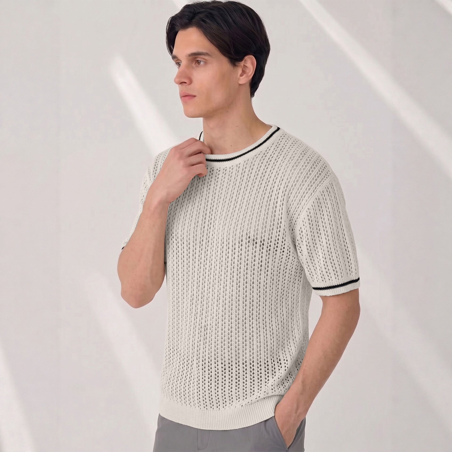 Herren-Sommerpullover mit Lochmuster, Strickmuster, Rundhalsausschnitt, Kurzarm, vielseitiger Stil, atmungsaktives Oberteil_voghion.com