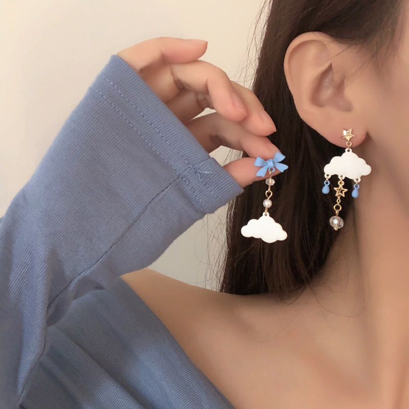 Blue creative asymmetrical cute fresh earrings with bow