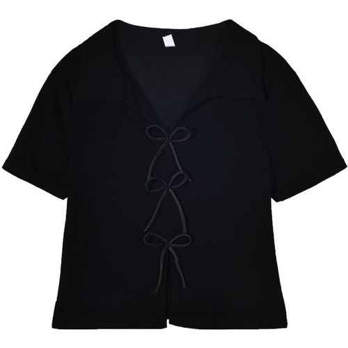 Women's Summer T-shirt with Polo Collar, Loose and Slimming for Plus Size, Short-sleeved Top with Irregular Bow Ties