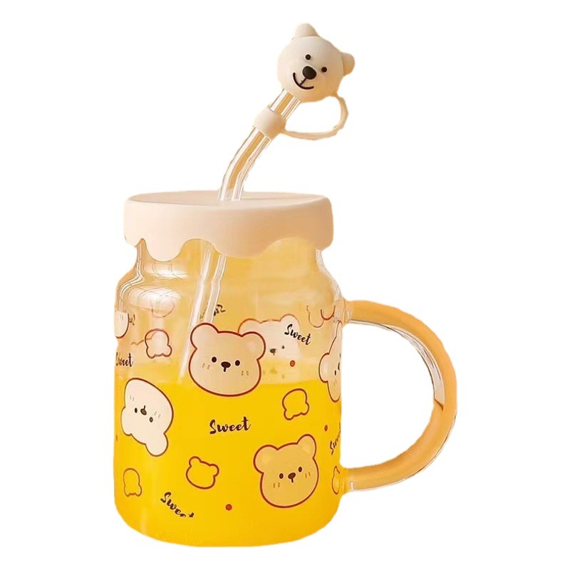 Oso de dibujos animados lindo creativo regalo de vidrio taza de paja taza de personalidad con tapa taza de leche taza de alto aspecto
