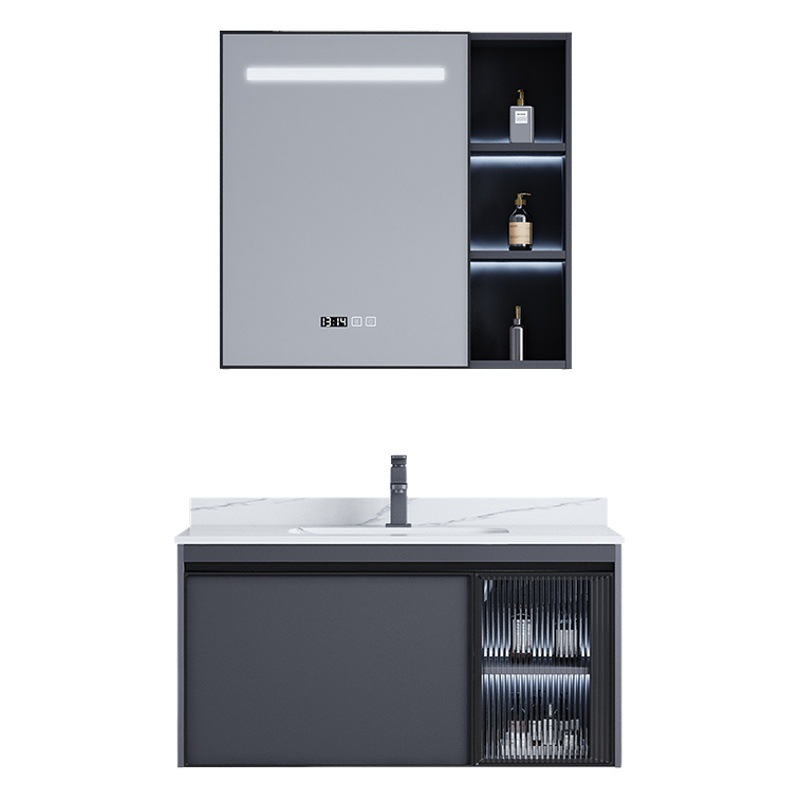 Gabinete de baño de aluminio del espacio de estilo europeo combinación mesa de lavado de baño lavabo de cerámica integrado lavabo espejo inteligente gabinete