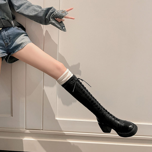 Boot nữ cổ cao ôm bắp chân đế dày dây buộc phong cách kỵ sĩ — Da lộn đen