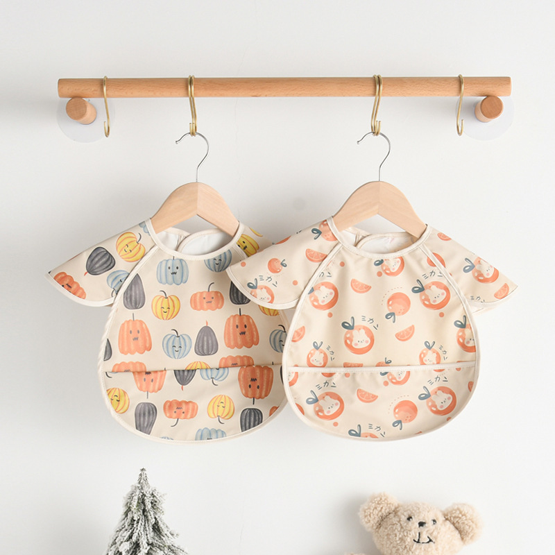 Baby Eating Bib Short-Sleeved Waterproof Smock Kidsren's Reverse Dressing Eating Pocket Super Soft Pu Wing Bib Eating Clothes