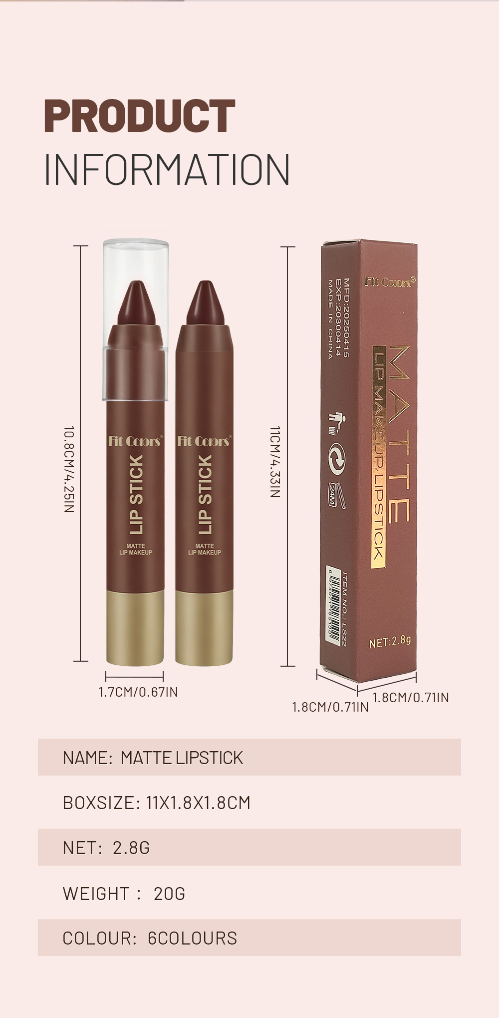 Sett med 6 matte sjokolade-leppestifter med lipliner_voghion.com