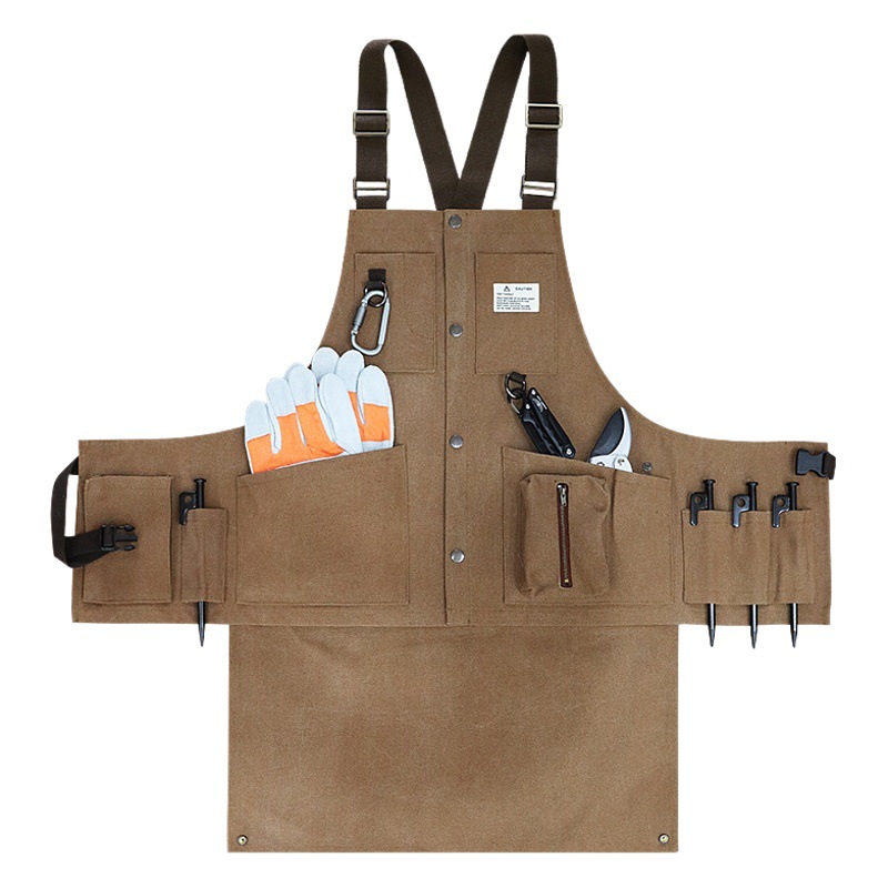 Cruz-frontera engrosada delantal de lona resistente al desgaste-Herramientas de Bolsillo grande ropa de trabajo de madera multi-funcional delantal por mayor