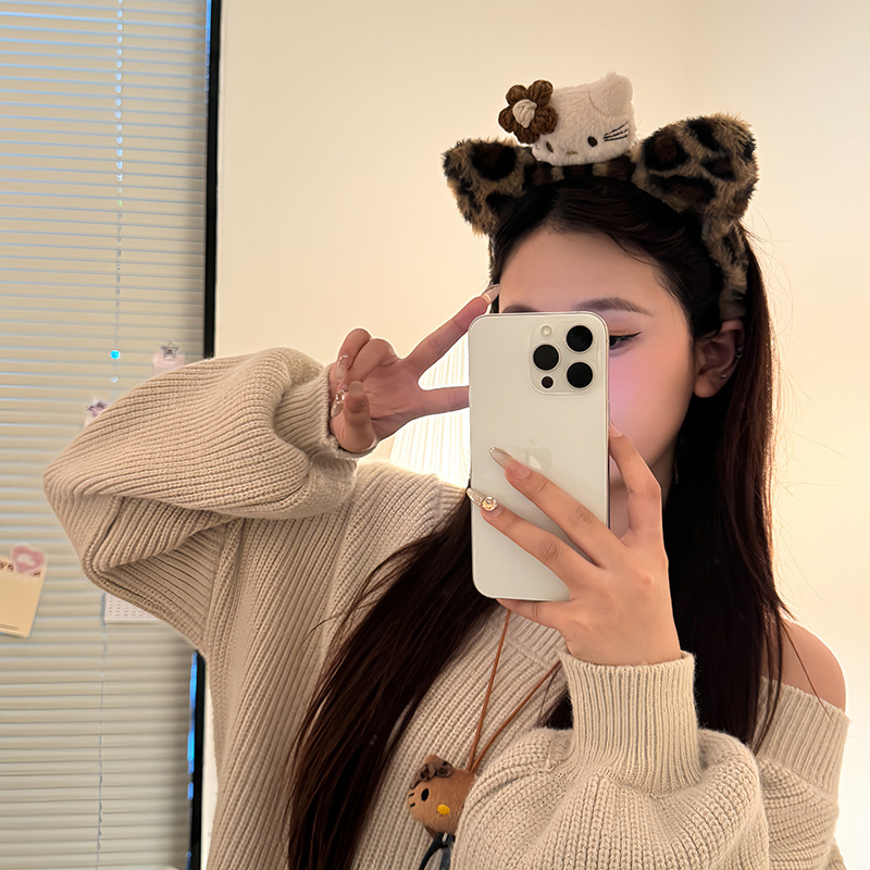 Hermoso leopardo gatito peluche casero lavado de la cara de la niña de la cabeza de la banda de maquillaje máscara de presión de cabello joyas de cabello