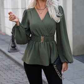 亚马逊欧美跨境女装衬衫v领上衣褶皱边优雅灯笼袖纯色衬衫春秋款