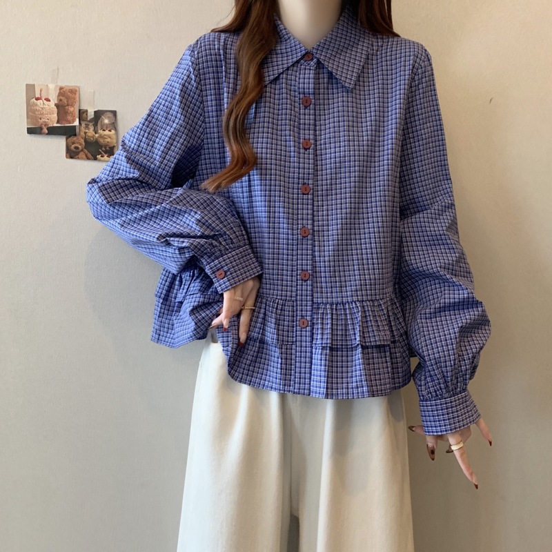 蓝色格子衬衫女装2025早春新款宽松显瘦甜美娃娃衫荷叶边下摆上衣|undefined