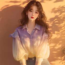 紫色雪纺衬衫女款2025新款小众独特别致泡泡袖时尚衬衣撞色上衣