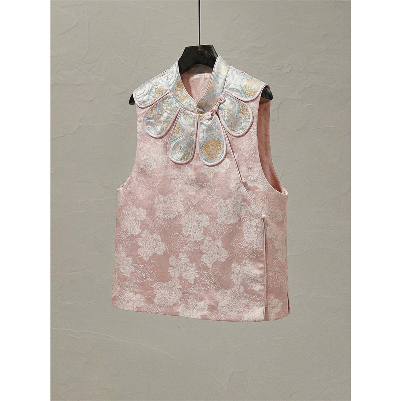Improved New Chinese-Style Light National Style Women's Clothing, 2026 Spring New Model, Pink Satin Jacquard Layered Petal Collar Vest