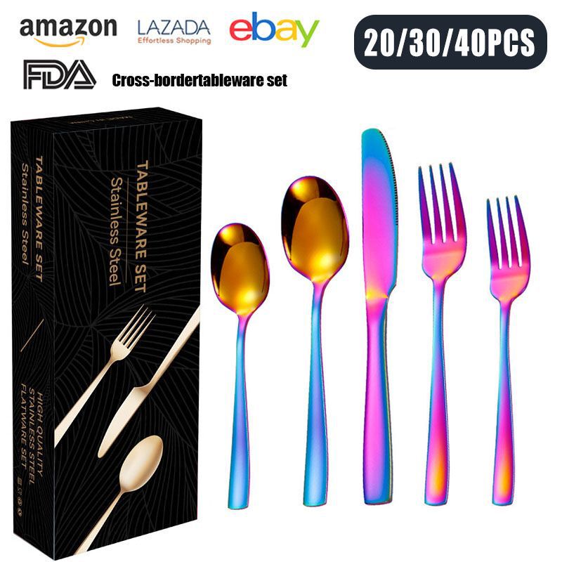 Cross-border Hot Selling Square Handle Stainless Steel Knife and Fork Spoon suit Mail Order Box Gift Box Titanium Plated Colorful Western Steak Knife and Fork