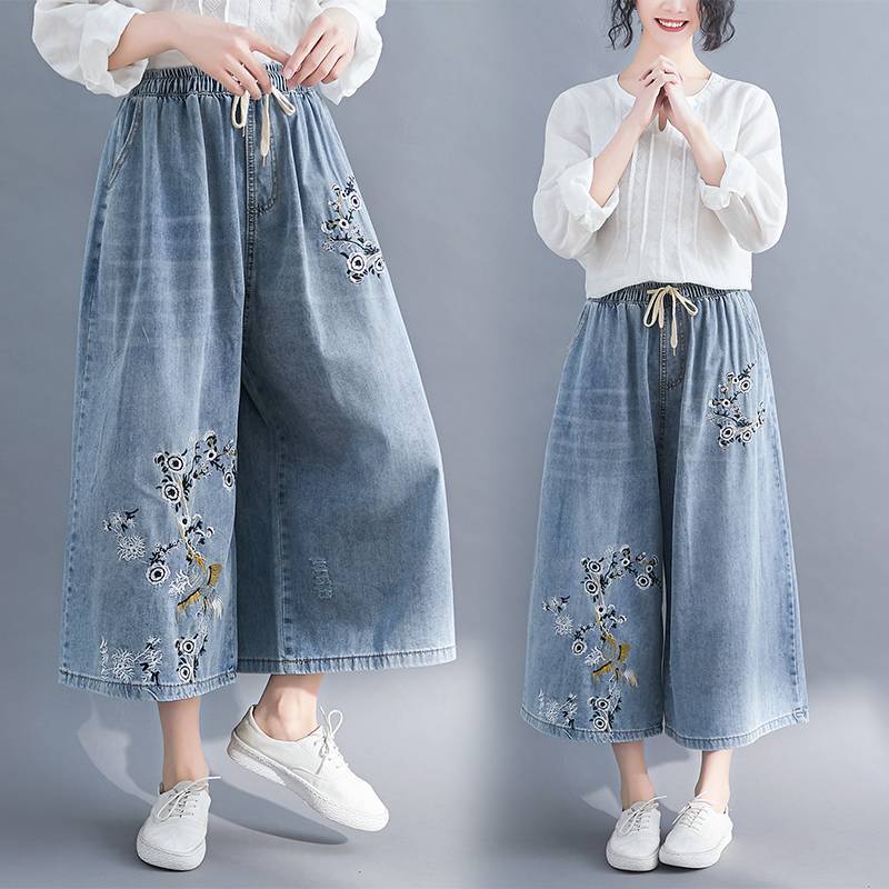 大码胖妹妹民族风刺绣花阔腿裤女显瘦洋气高腰牛仔裤2025春装新款