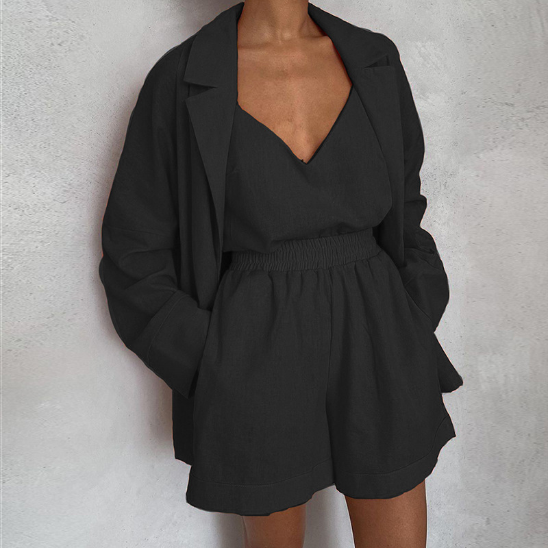 535g Weight Long Sleeve Sleeve Length Polyester Fabric Type Shorts Co-ord Set Sets Type 3 Piece Set Quantity Daily Women'S British Style Solid Color Polyester Patchwork Shorts Co-ord Set Shorts Sets