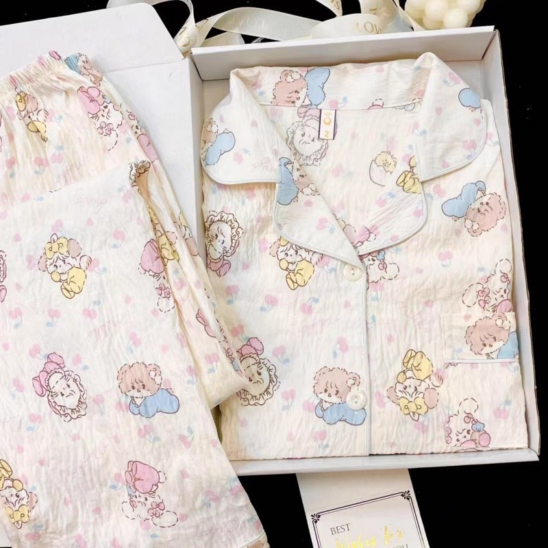 Pijamas de primavera y otoño al por mayor transfronterizos de estrellas y luna dulces pantalones cardigans de manga larga se pueden usar con un conjunto de ropa de casa
