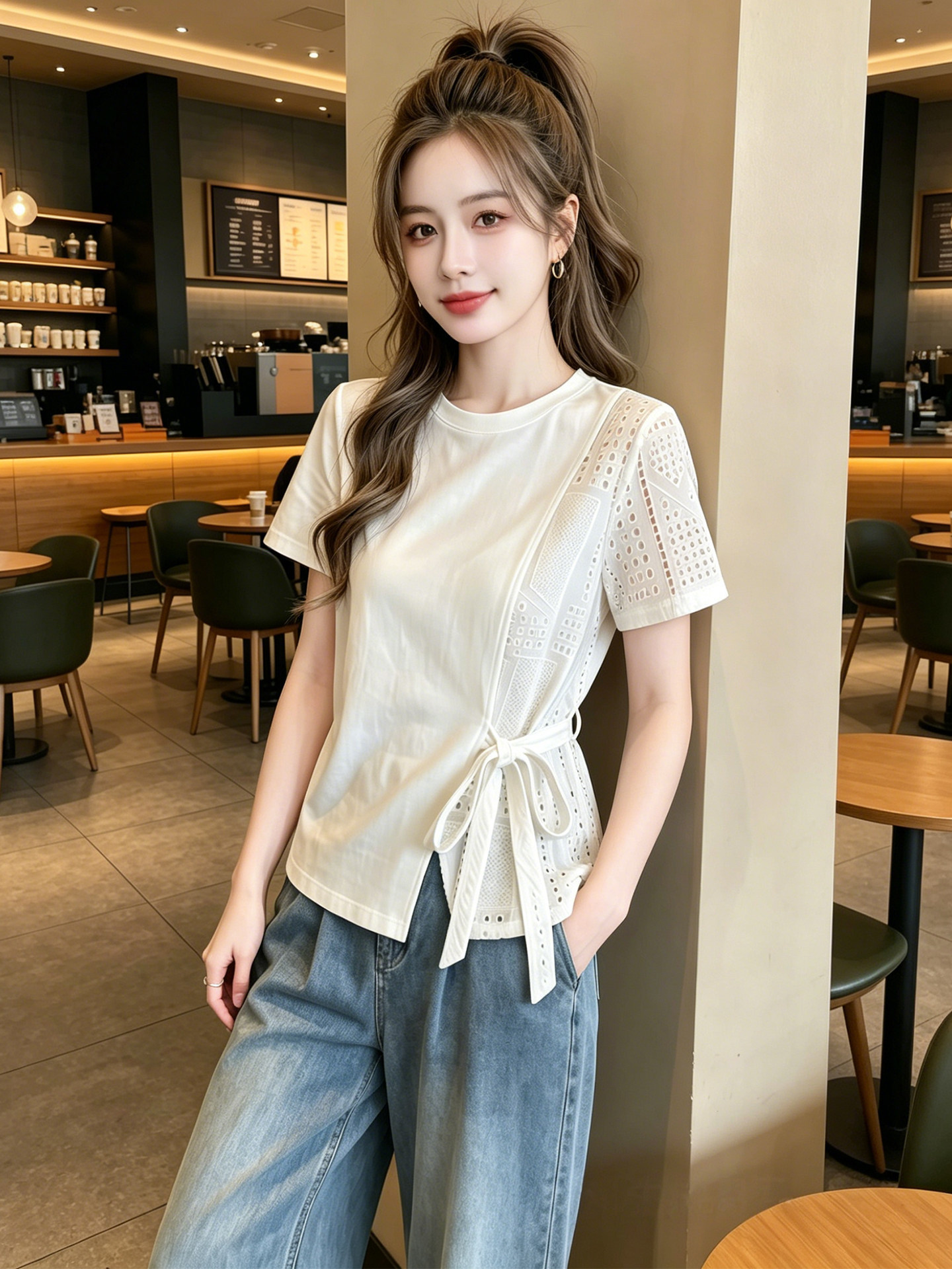 Áo thun nữ tay ngắn thiết kế không đối xứng chạm rỗng, dáng suông thoải mái — màu trắng