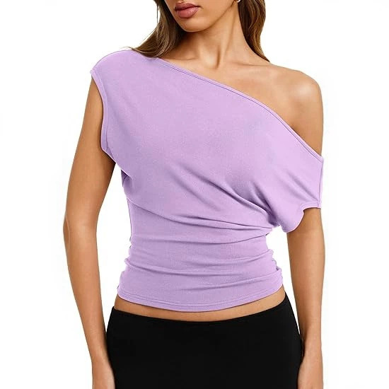 Women's Sexy Off Shoulder Asymmetrical Slim Fit Short Sleeve Top – Side Slash Neck Summer Tee_ecoleips.com
