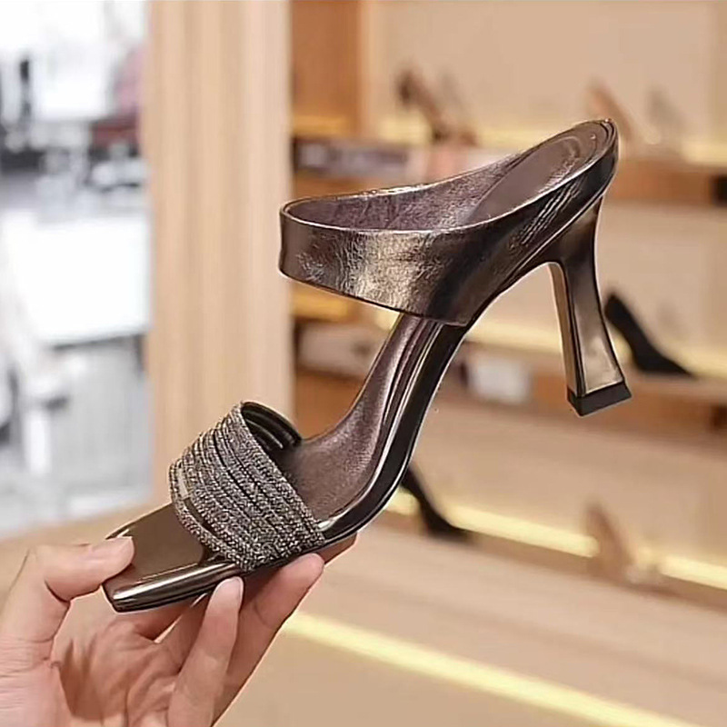 Square Head Rhinestone Sandals and Slippers for Women 2025 Summer New Arrival High Heels with Thick Heel Fashionable Exquisite Outer Wear Sandals