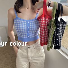 Summer Short Sleeve Knit Retro Plaid Tank Top Thin Fitted Inner Layer Baseless Blouse Women's Strappy Top