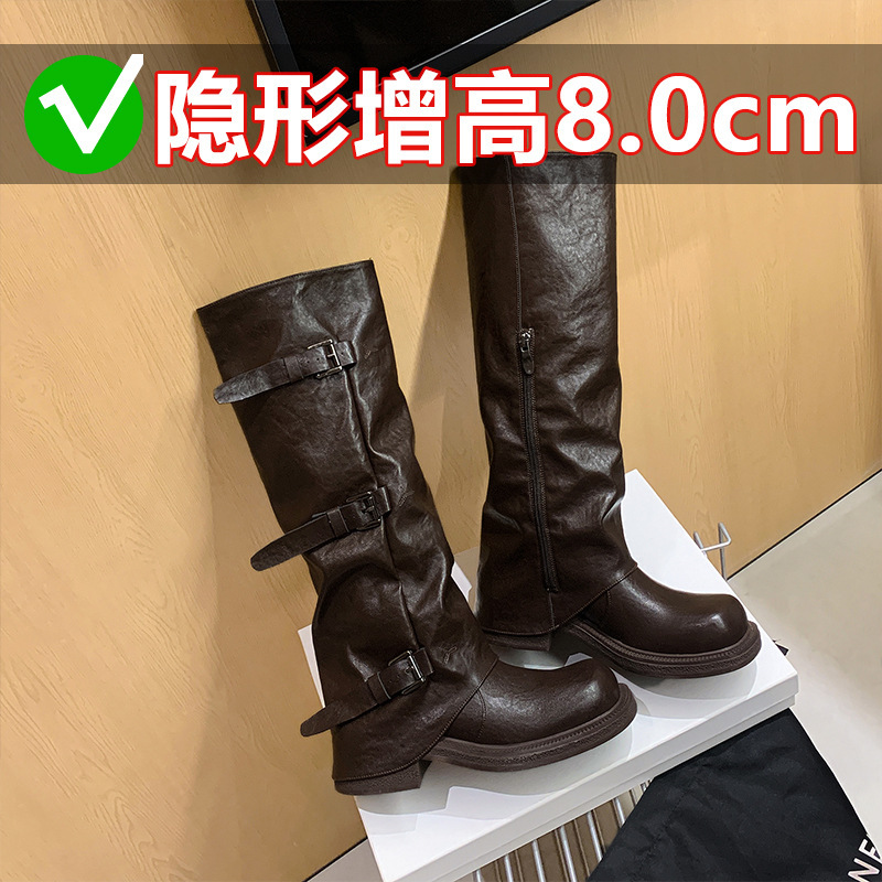 增高8cm~葡萄妈款皮带扣方圆头褶皱中筒骑士西部褶皱堆堆裤管女靴|undefined