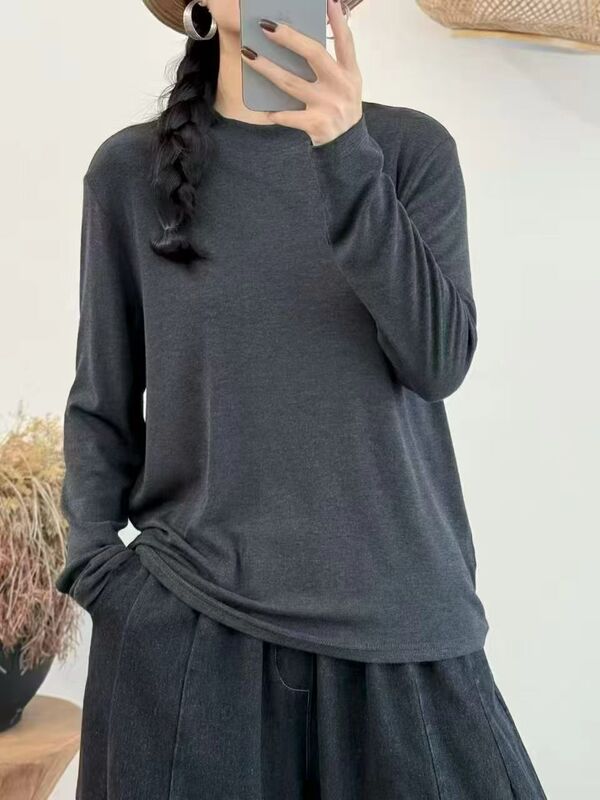 新品韩版显瘦百搭圆领宽松内搭 纯色打底衫长袖T恤女|undefined