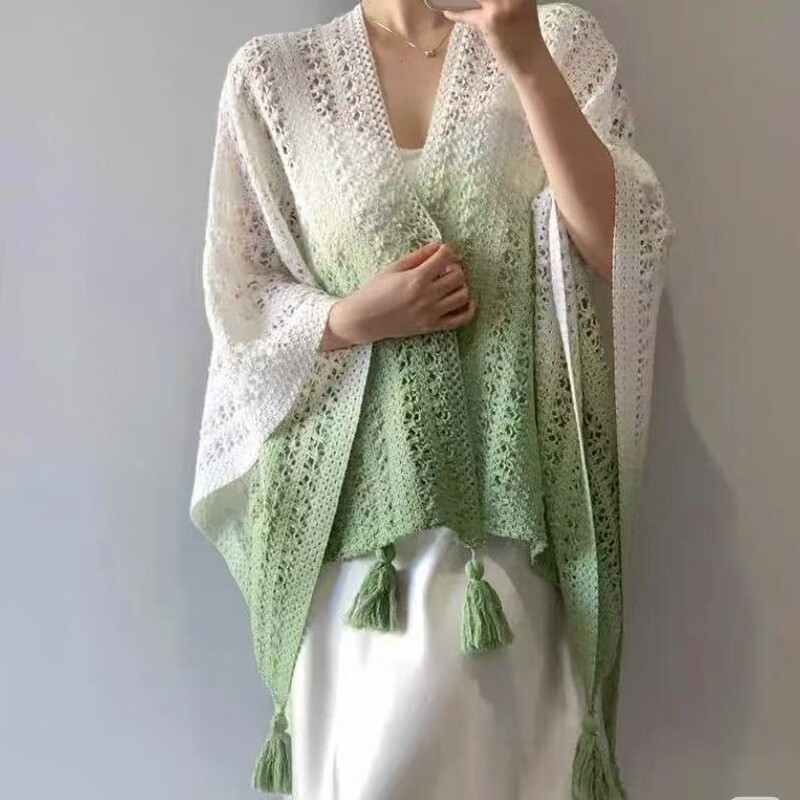 New Summer Knitted Gradient Hollow-Out Cheongsam with Tassels, Ethnic Style Tie-Dye Shawl, Women's Outerwear with a High-End Feel, Thin Cardigan