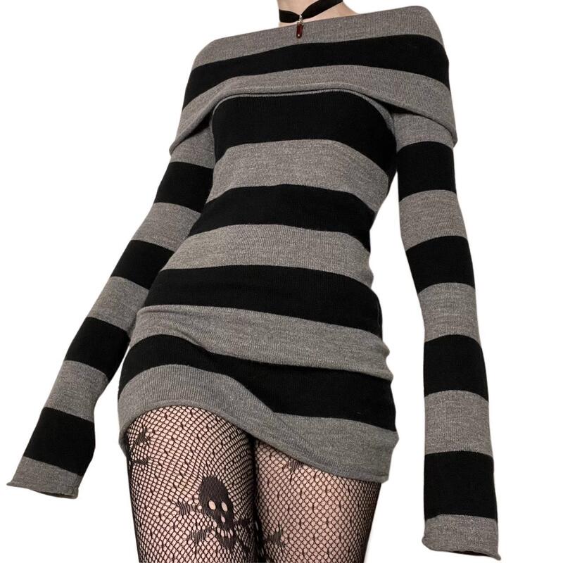 Amazon Hot Selling European and American y2k New Striped Lapel Off-shoulder Slim-fit Long Knitted Sweater Dress 905 Amazon Hot Selling European and American y2k New Striped Lapel Off-shoulder Slim-fit Long Knitted Sweater Dress 905
