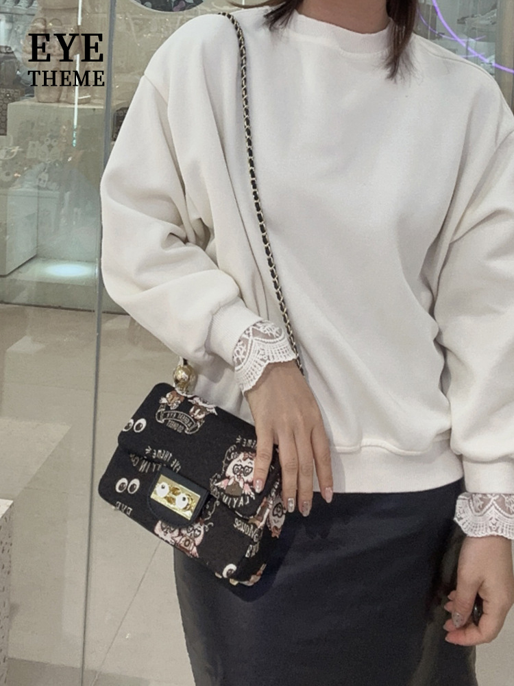 Dibujos animados lindo patrón de tela bordado para mujer bolso de cadena con cierre de solapa bolso cuadrado pequeño casual para mujer lona 2708 #