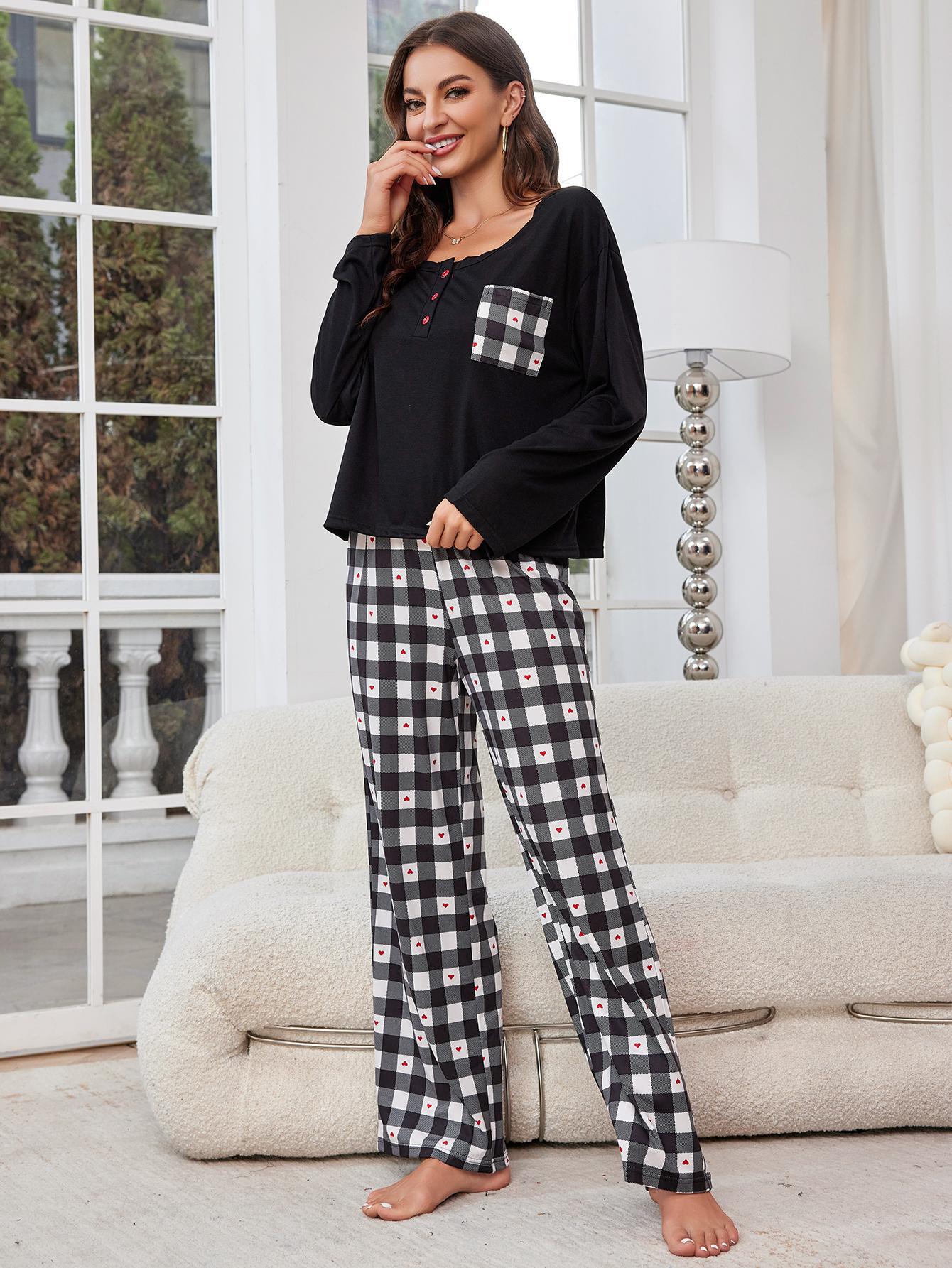 Sleepwear for women, spring and autumn checkered long sleeved cardigan, two-piece home suit_voghion.com