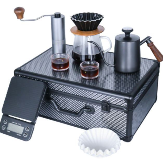Seleccione un conjunto completo de cajas de almacenamiento de lujo para equipos de grado barista, un conjunto de café portátil al aire libre