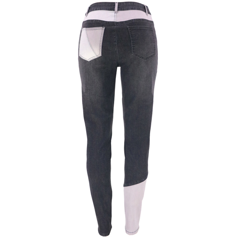 Otoño 2025 en stock, ropa de mujer de talla grande, vaqueros de mezclilla lavados de algodón a la moda con parches azules y negros, estilo transfronterizo.