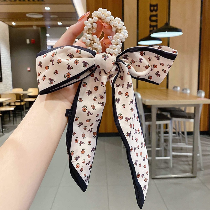 Banda de pelo de bufanda de seda para mujer corbata de pelo fino de verano de perlas cinta de arco Hada cuerda de pelo de todo fósforo estilo coreano accesorios para el cabello al por mayor