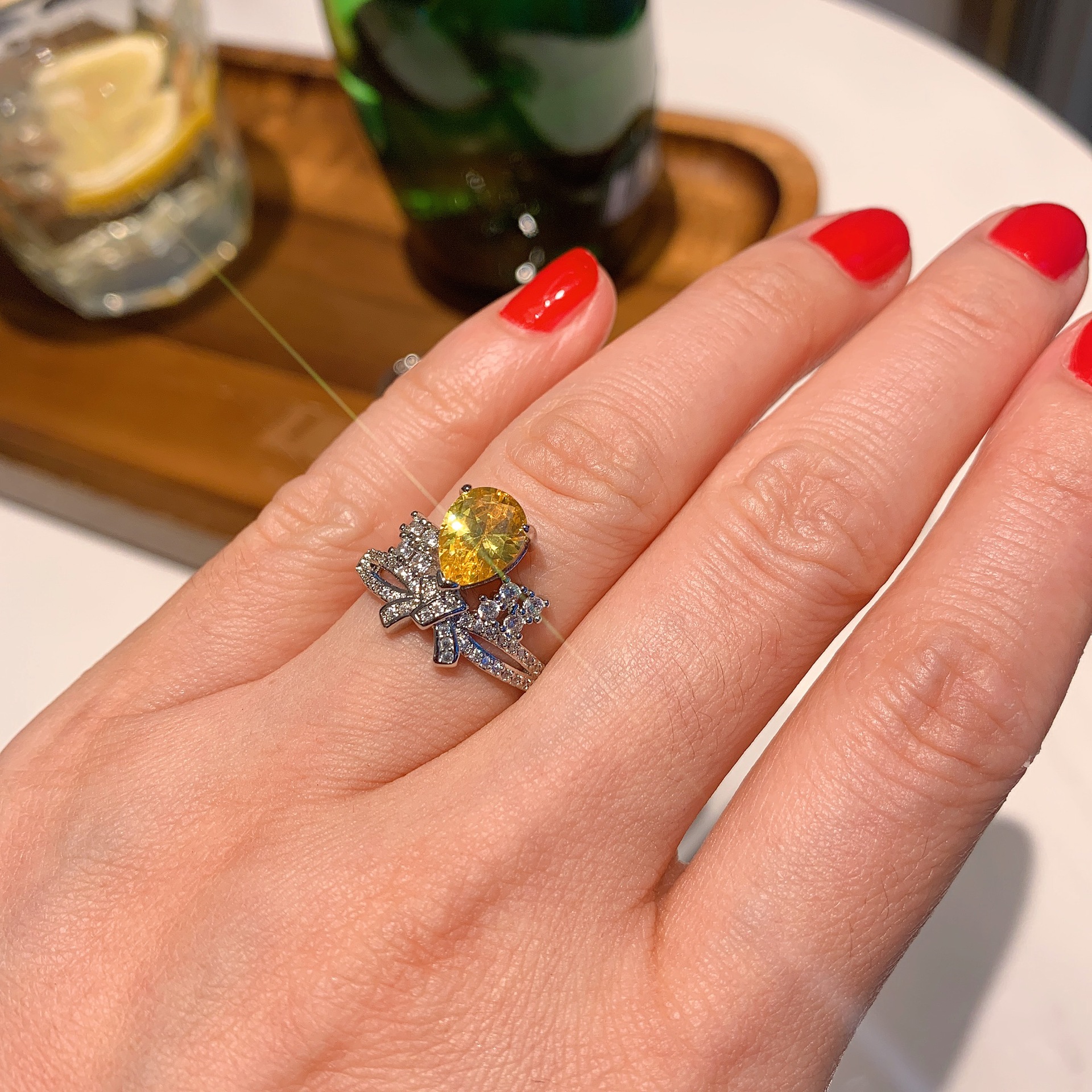 Retro Water Droplets Bow Knot Copper Gold Plated Rhinestone Rings 1 Piece