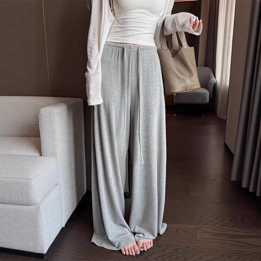 Qimmer Lazy Style Gray Soft Mask Pants for Women, Spring and Autumn Casual Pants, High-Waisted Loose Slimming Wide-Leg Pants